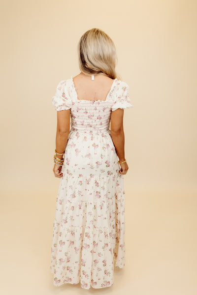 Ivory and Pink Floral Smocked Detail Maxi Dress
