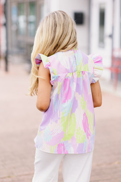 Lavender Mix Flutter Sleeve Abstract Sleeveless Blouse