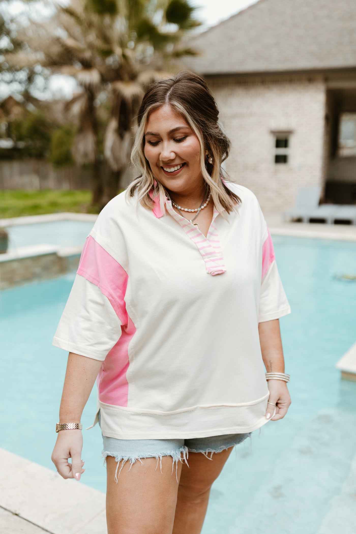 Cream and Pink Colorblock Striped Detail Oversized Top