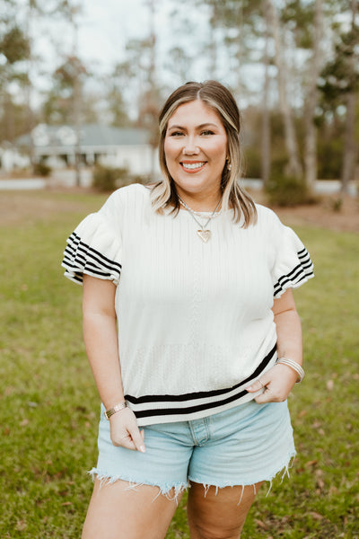 Ivory and Black Stripe Detail Ruffle Knit Top
