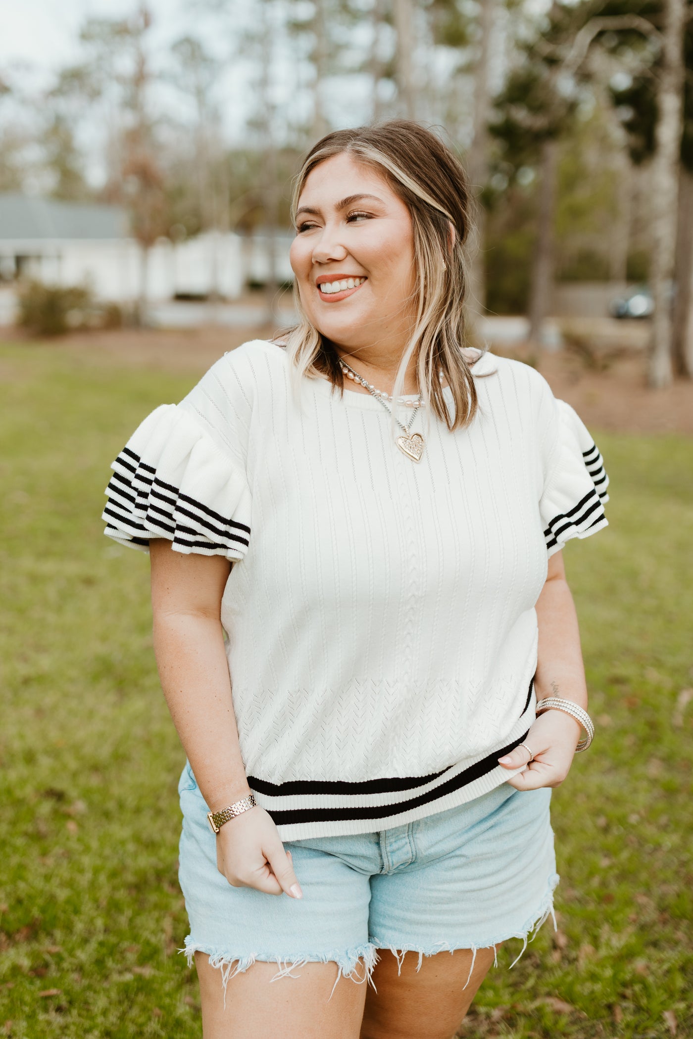 Ivory and Black Stripe Detail Ruffle Knit Top