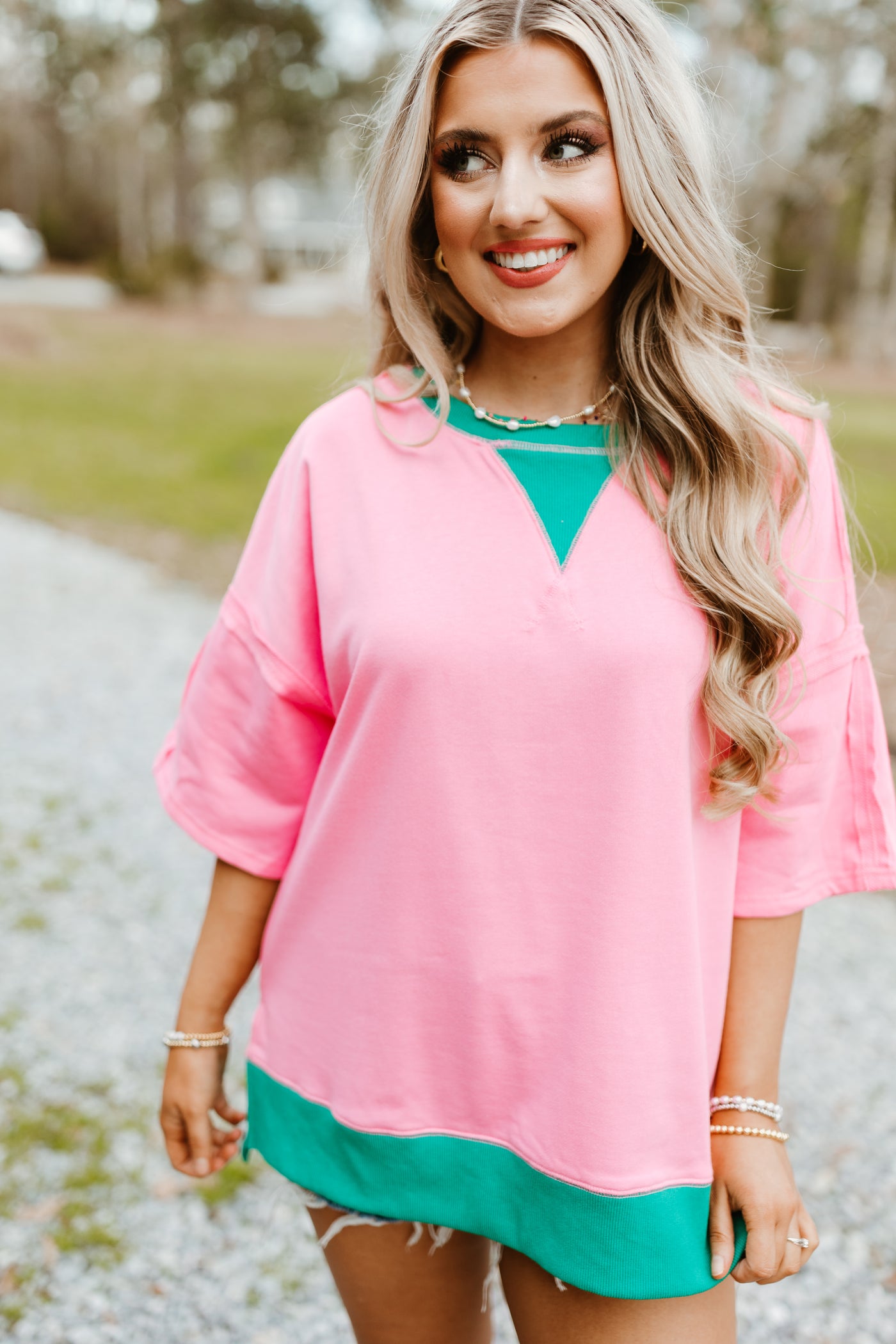 Pink and Green Contrast Oversized Tee