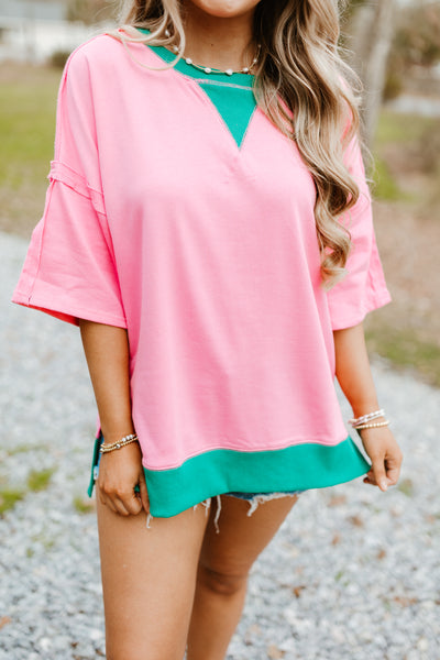Pink and Green Contrast Oversized Tee