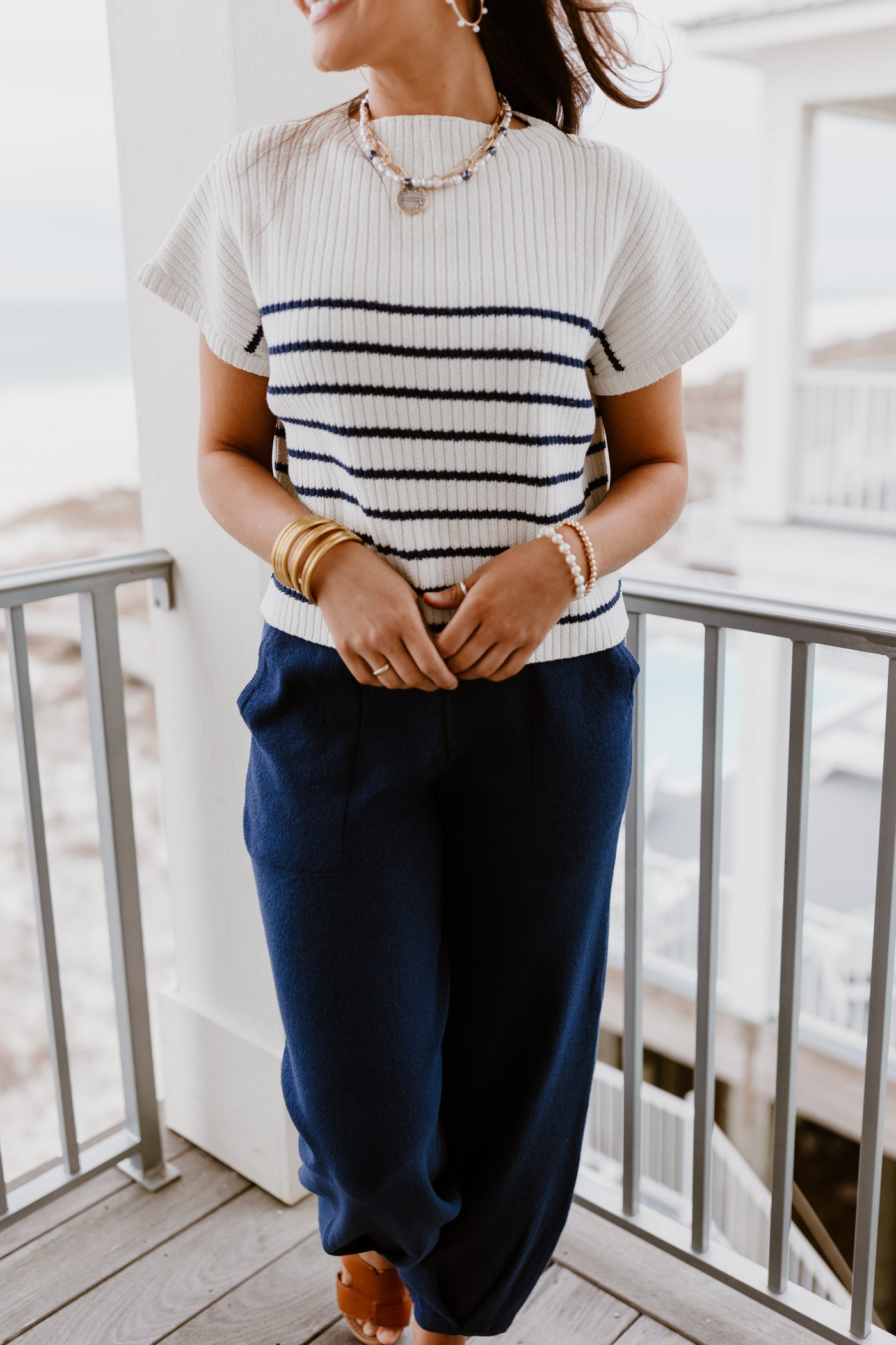 Navy Striped Top and Wide Leg Bunched Bottom Pants