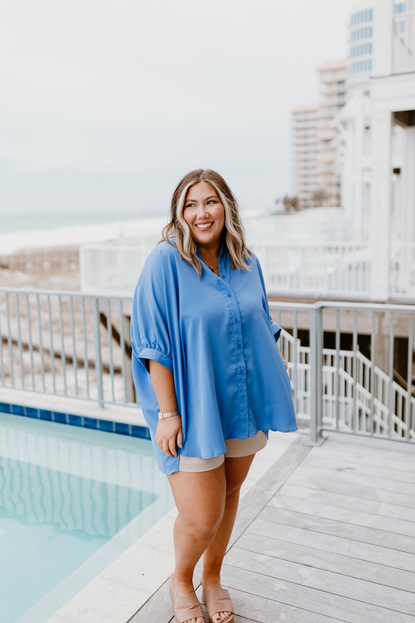 Chambray Oversized Puff Sleeve Button Down Blouse