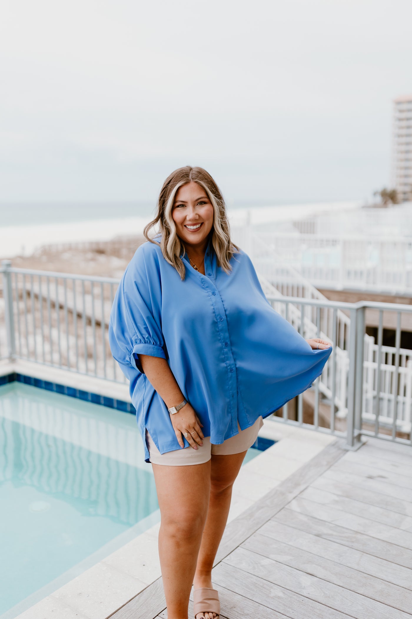 Chambray Oversized Puff Sleeve Button Down Blouse