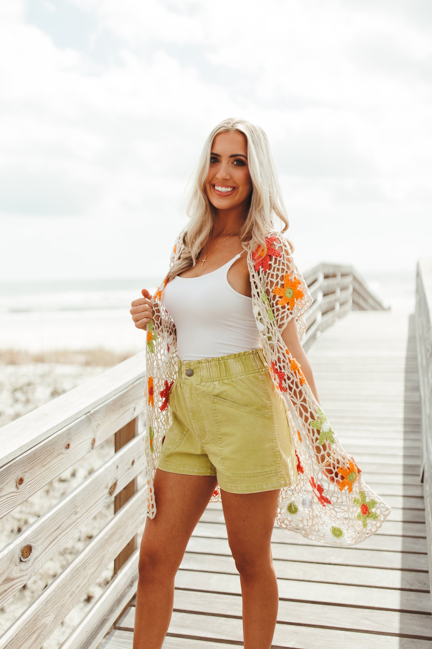 Oatmeal Open Knit Multicolor Floral Cardigan