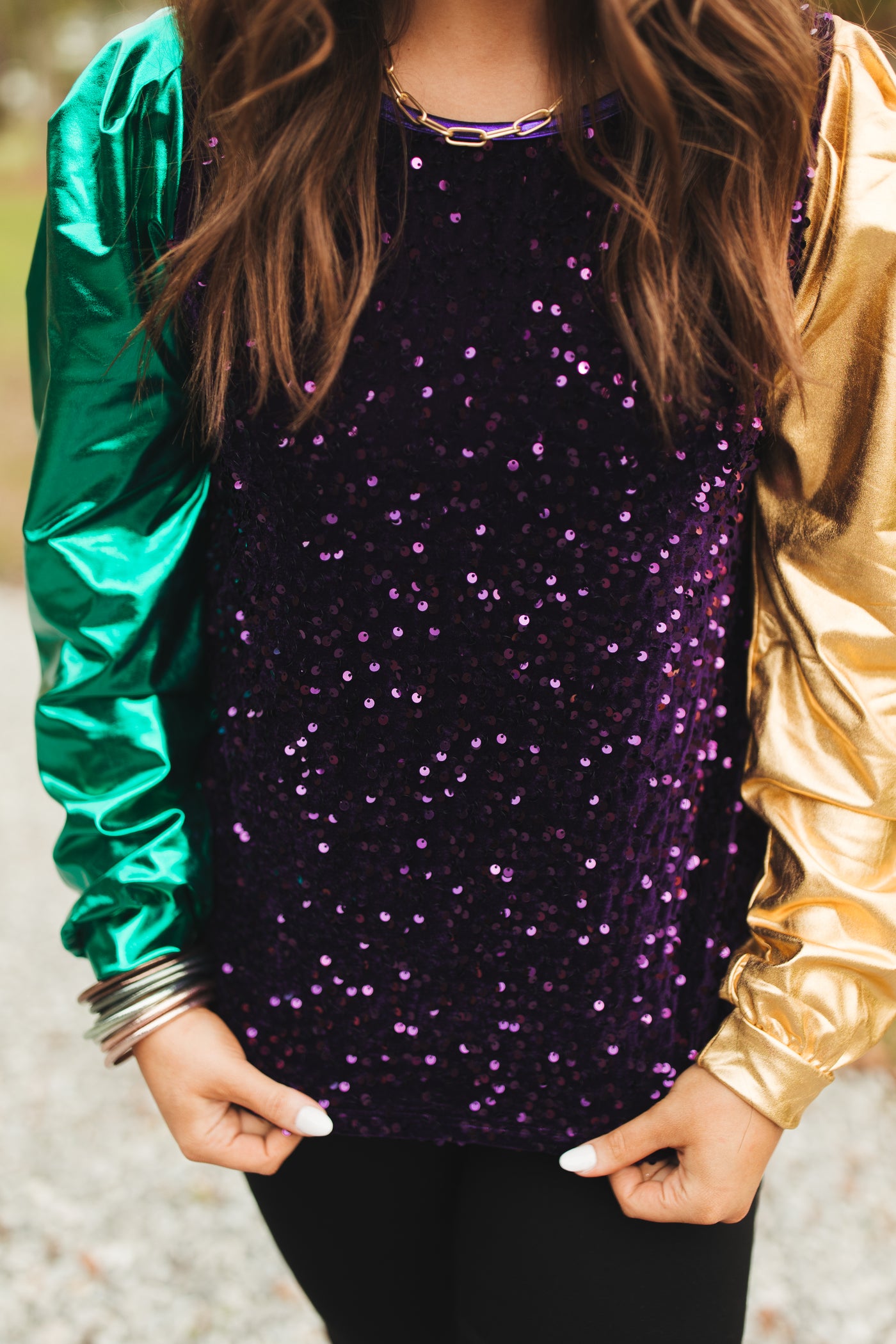 Purple Sequin Green and Gold Metallic Sleeve Blouse