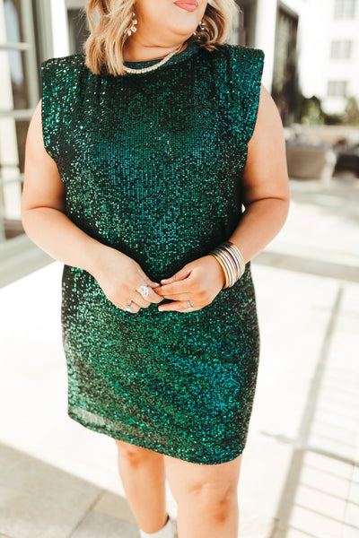 Emerald Sequin Shoulder Pad Tank Dress