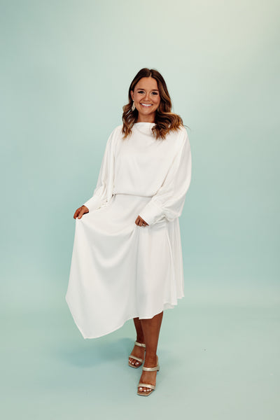 Beulah White Cowl Neck Cuff Sleeve and Maxi Skirt Set
