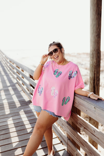 Pink Oversized Flip Flop Patch Tee