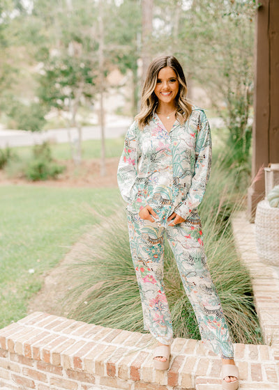 Beulah Style Turquoise Jungle Satin Button Down and Pant Set