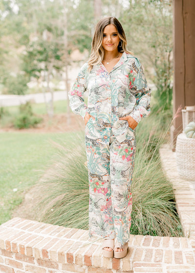 Beulah Style Turquoise Jungle Satin Button Down and Pant Set
