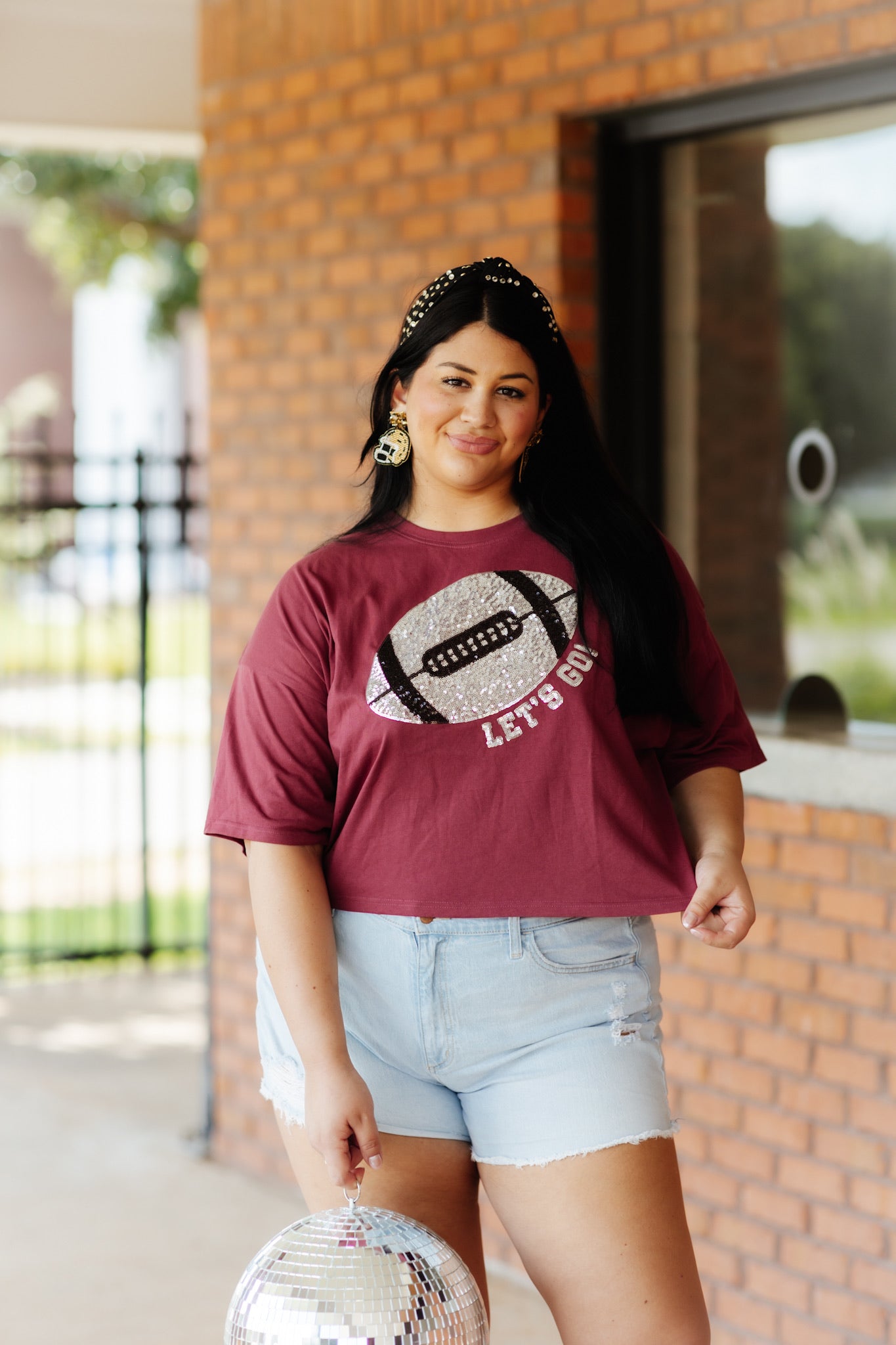 Let's Go! Football Sequin Cropped T-Shirt