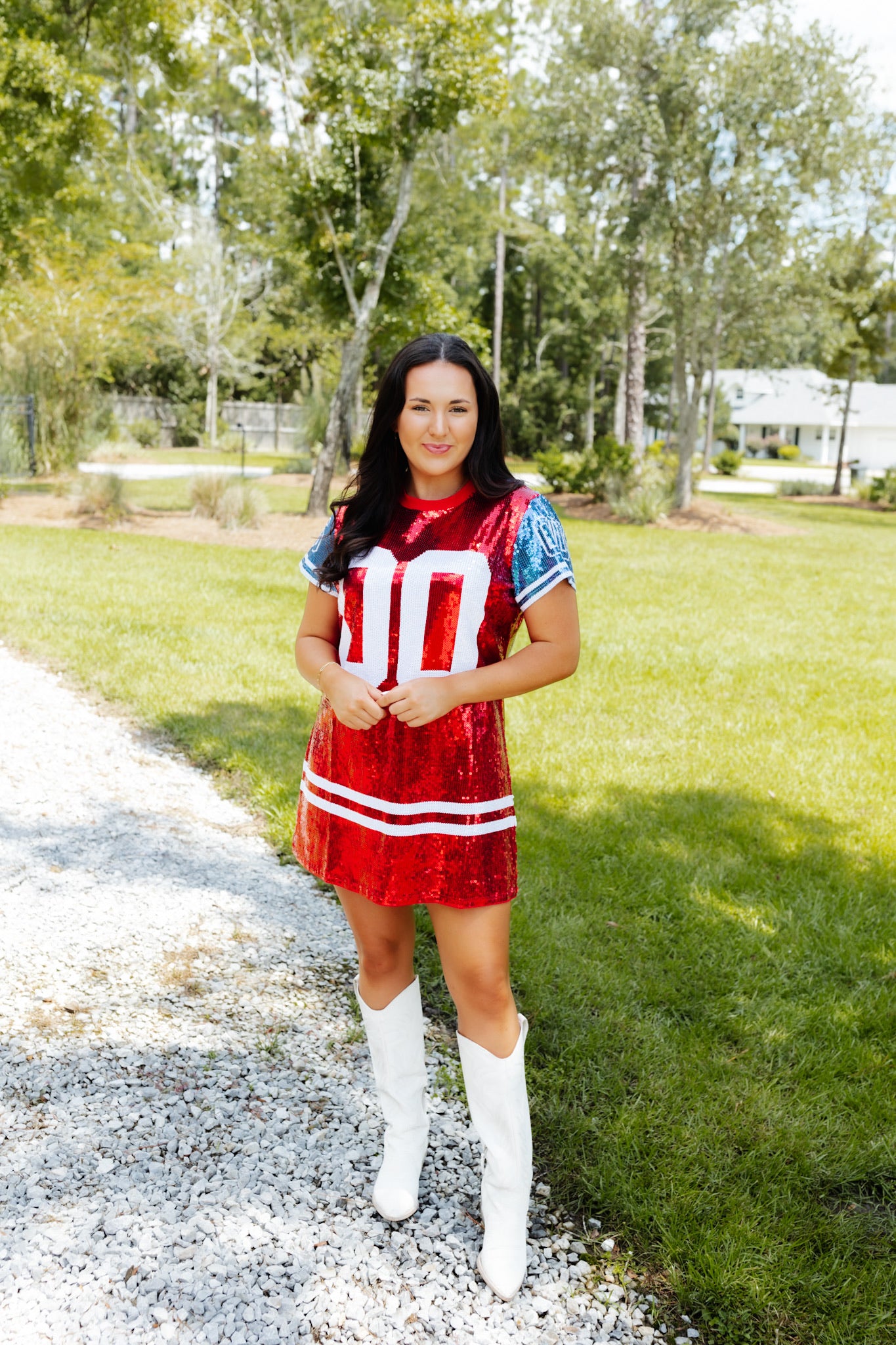 Queen Of Sparkles Full Sequin Jersey Dress in Red & White