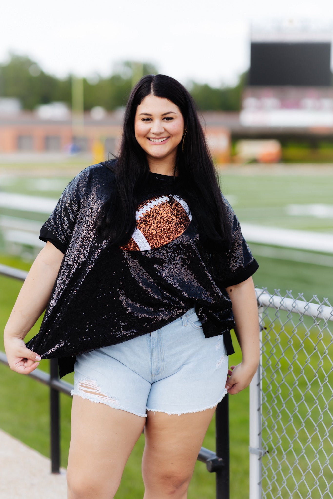 Black Oversized Game Day Sequin Gold Football Tee