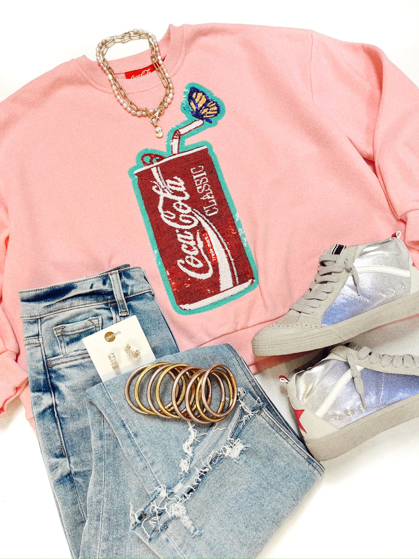 Queen Of Sparkles Light Pink Butterfly & Coca Cola Can Sweatshirt
