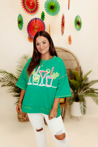 Green Martini & Drinks Embroidered Oversized Tee