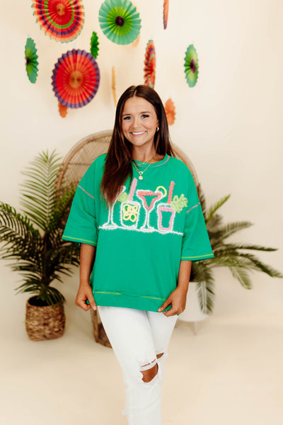 Green Martini & Drinks Embroidered Oversized Tee