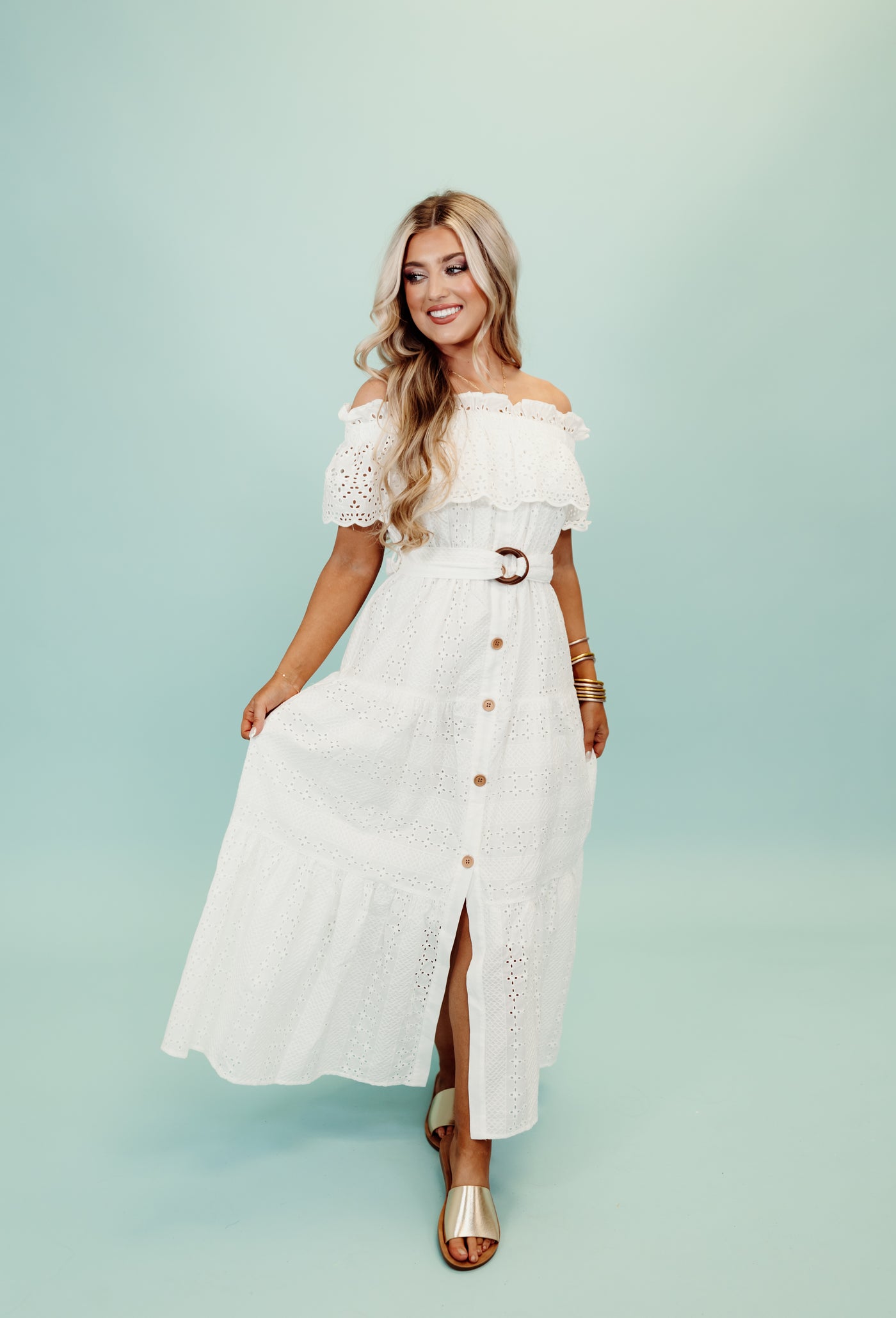 White Off Shoulder Eyelet Belted Midi Dress