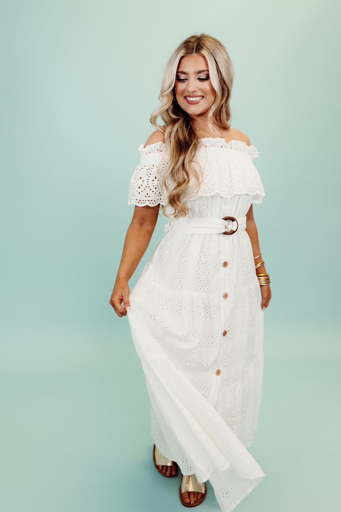 White Off Shoulder Eyelet Belted Midi Dress