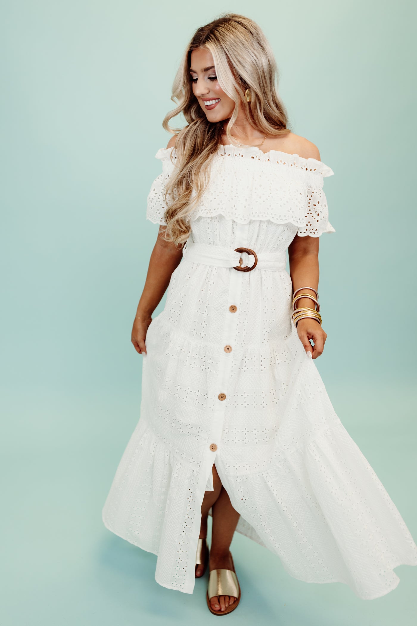 White Off Shoulder Eyelet Belted Midi Dress