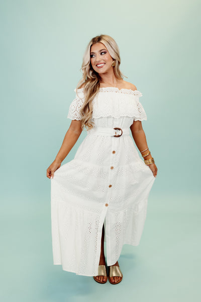 White Off Shoulder Eyelet Belted Midi Dress