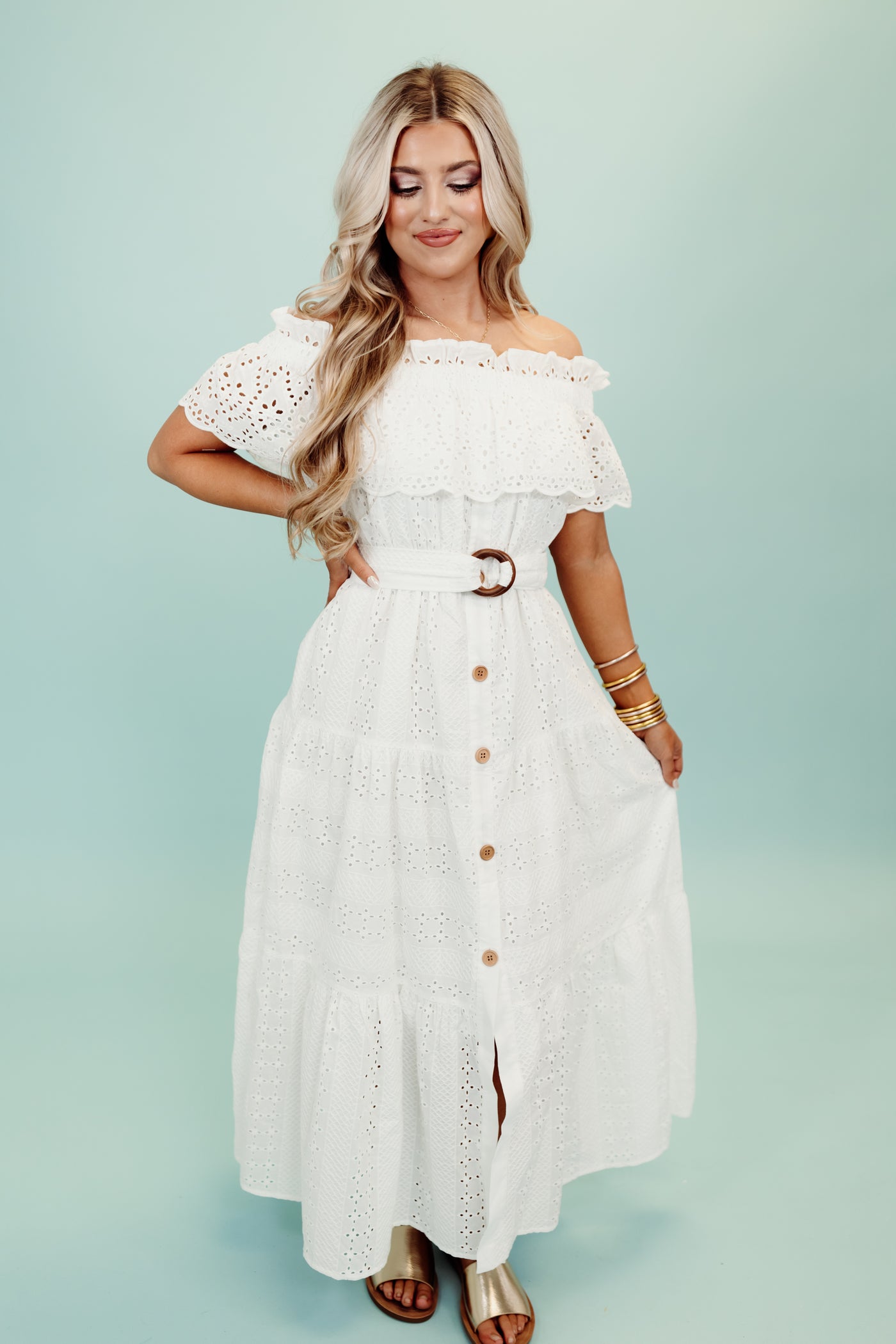 White Off Shoulder Eyelet Belted Midi Dress