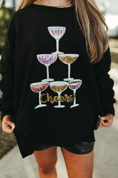 Black Cheers Sequin Champagne Tower Sweatshirt
