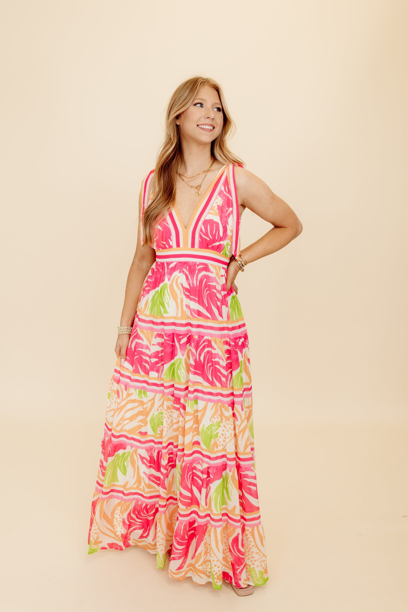 Fuchsia and Orange Mix Tropical Tiered Maxi Dress