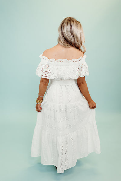 White Off Shoulder Eyelet Belted Midi Dress