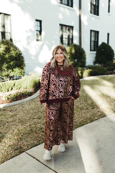 Burgundy and Gold Patterned Sequin Top and Pant Set