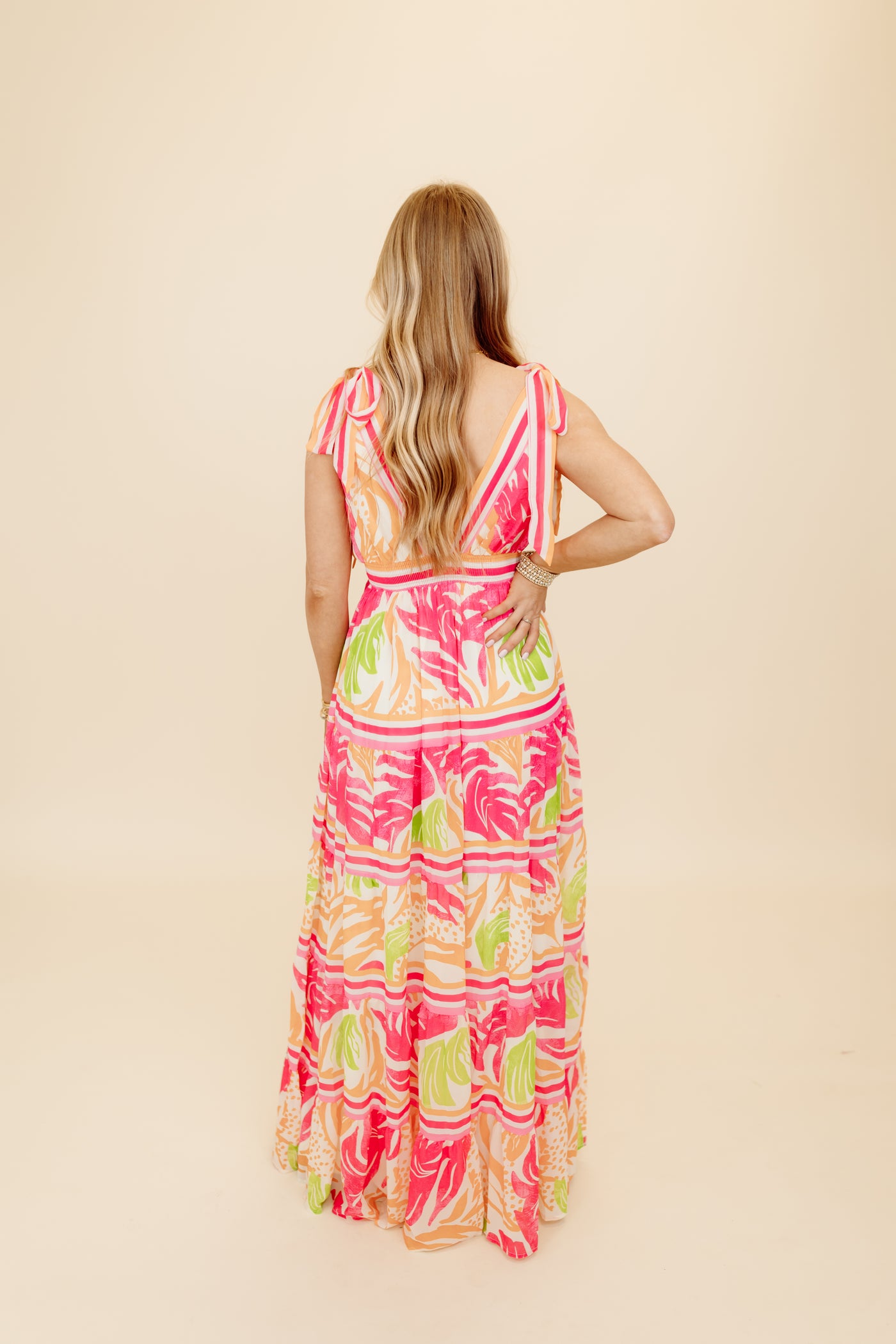 Fuchsia and Orange Mix Tropical Tiered Maxi Dress
