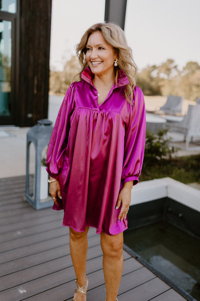 Adrienne Deep Magenta Satin Ruffle Collar Balloon Sleeve Dress