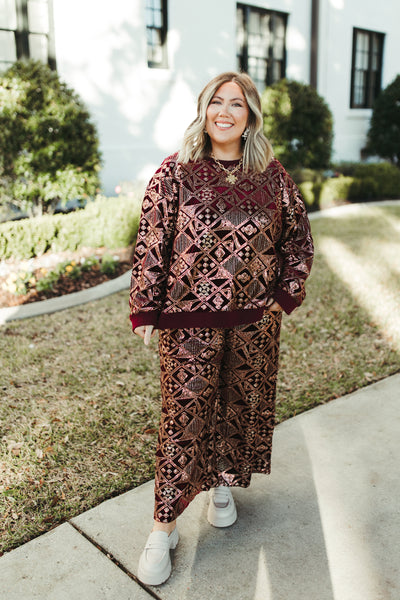 Burgundy and Gold Patterned Sequin Top and Pant Set