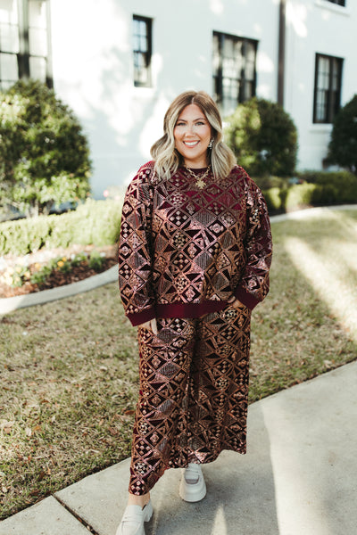 Burgundy and Gold Patterned Sequin Top and Pant Set