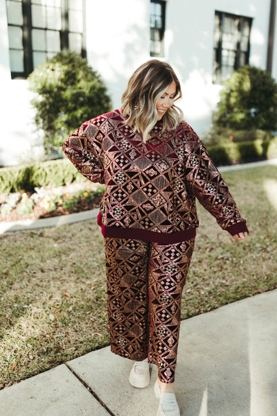 Burgundy and Gold Patterned Sequin Top and Pant Set