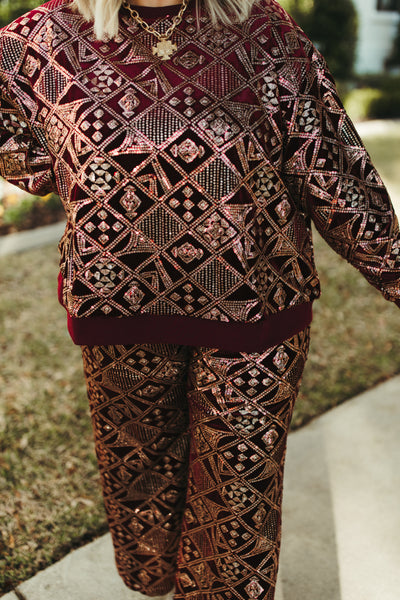 Burgundy and Gold Patterned Sequin Top and Pant Set