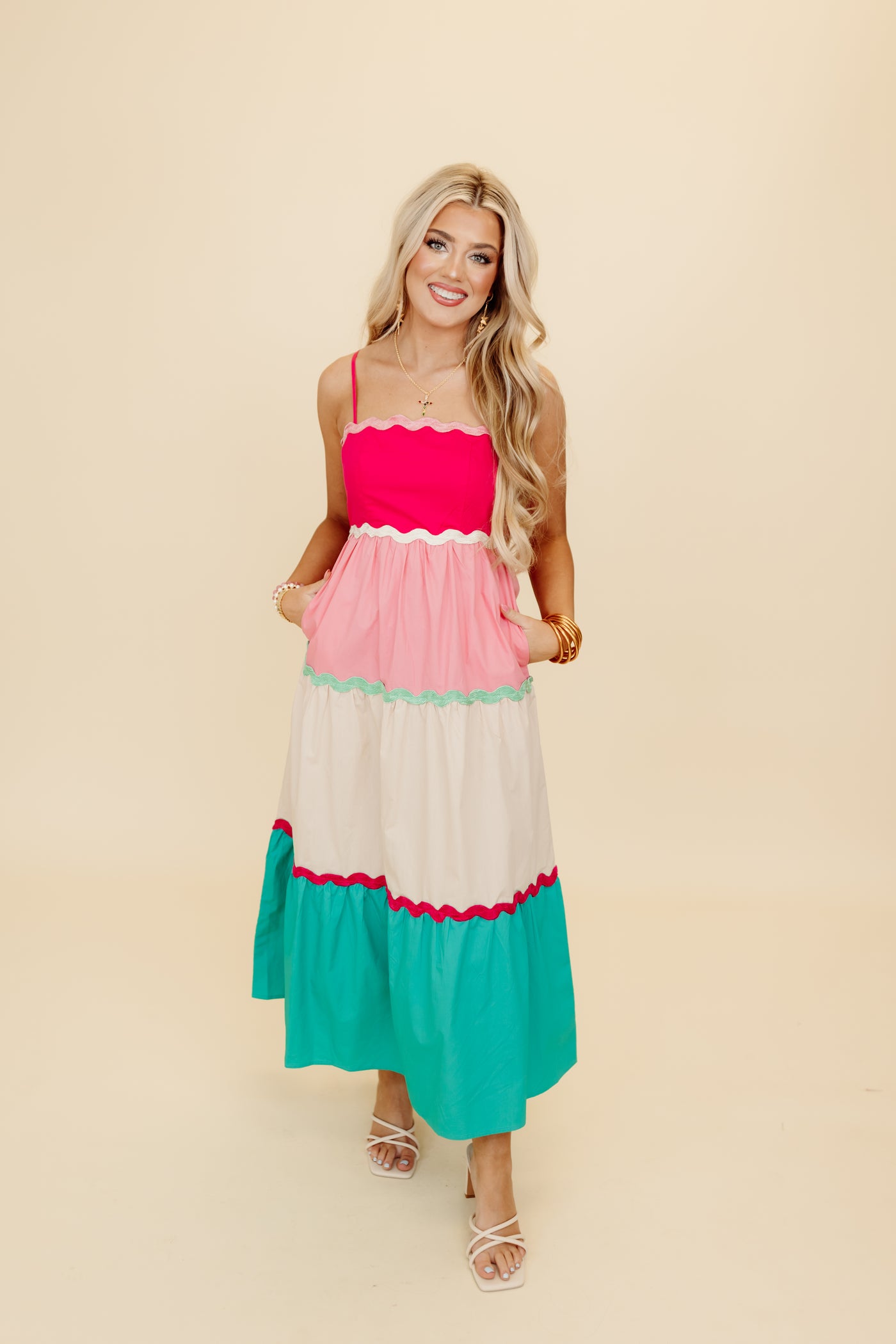 Pink Multi Colorblock Tiered Maxi Dress