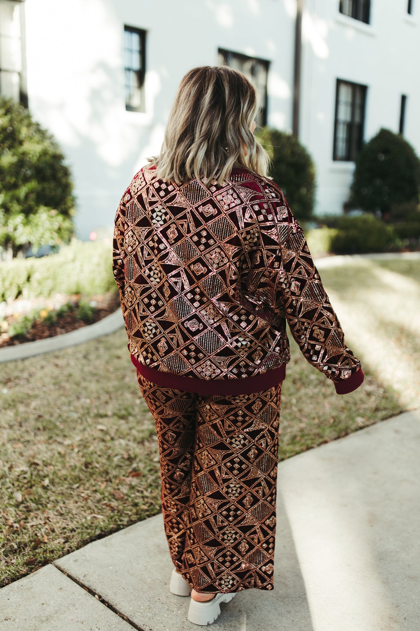 Burgundy and Gold Patterned Sequin Top and Pant Set