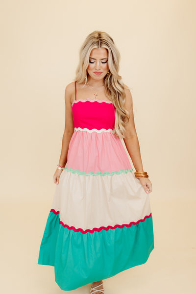 Pink Multi Colorblock Tiered Maxi Dress