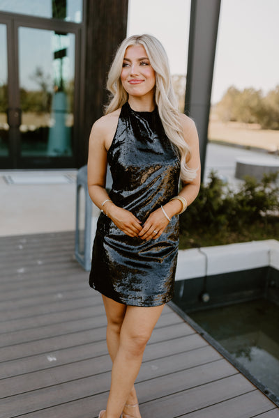 Black Metallic Halter Neck Mini Dress