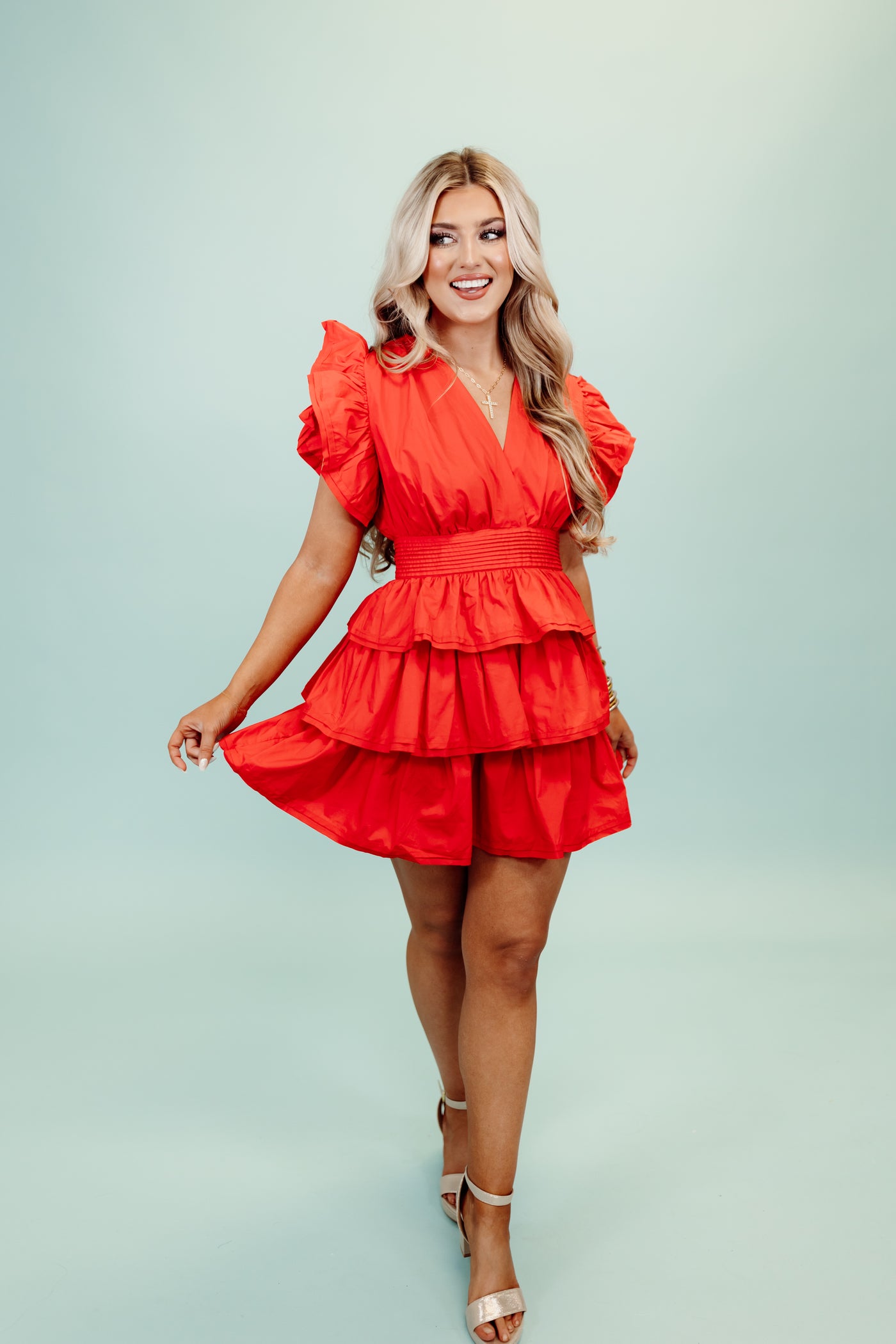 Red Solid Wrap Ruffle Bottom Dress