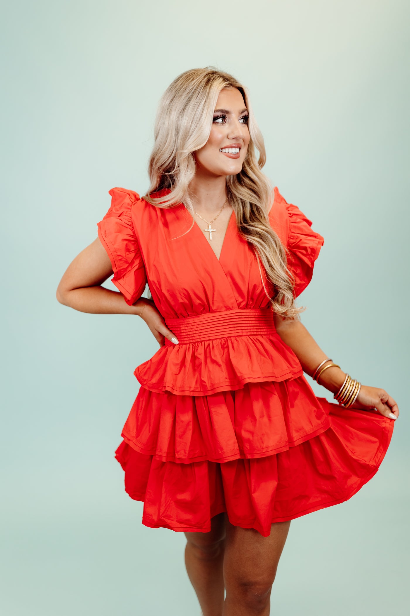 Red Solid Wrap Ruffle Bottom Dress