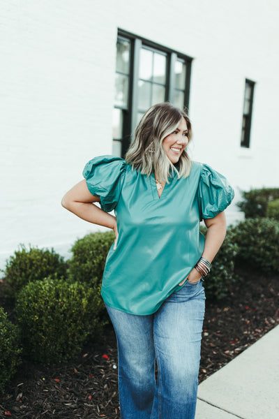 Teal Green Faux Leather V-Neck Top