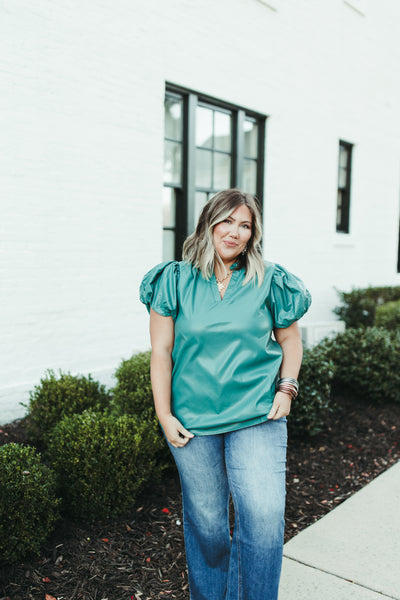 Teal Green Faux Leather V-Neck Top