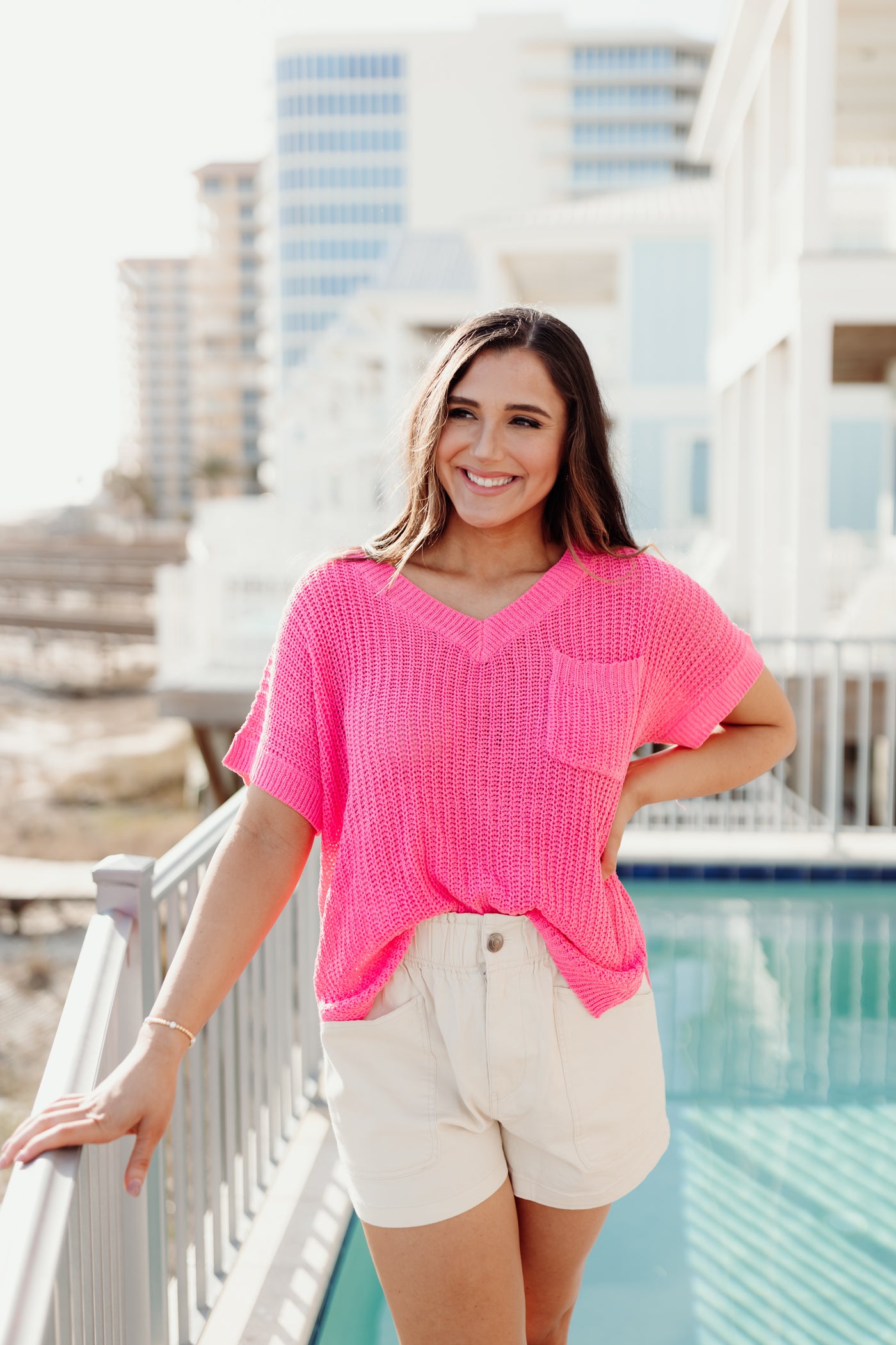 Neon Pink Loose Fit Lightweight Knit Pocket Sweater Top