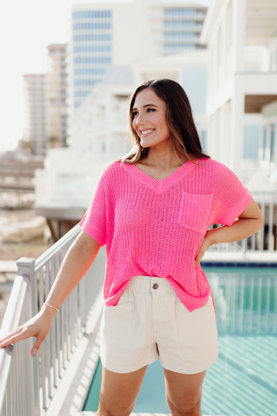 Neon Pink Loose Fit Lightweight Knit Pocket Sweater Top