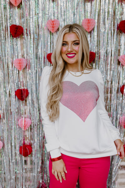 White Heart Rhinestone Patch Puff Sleeve Knit Top