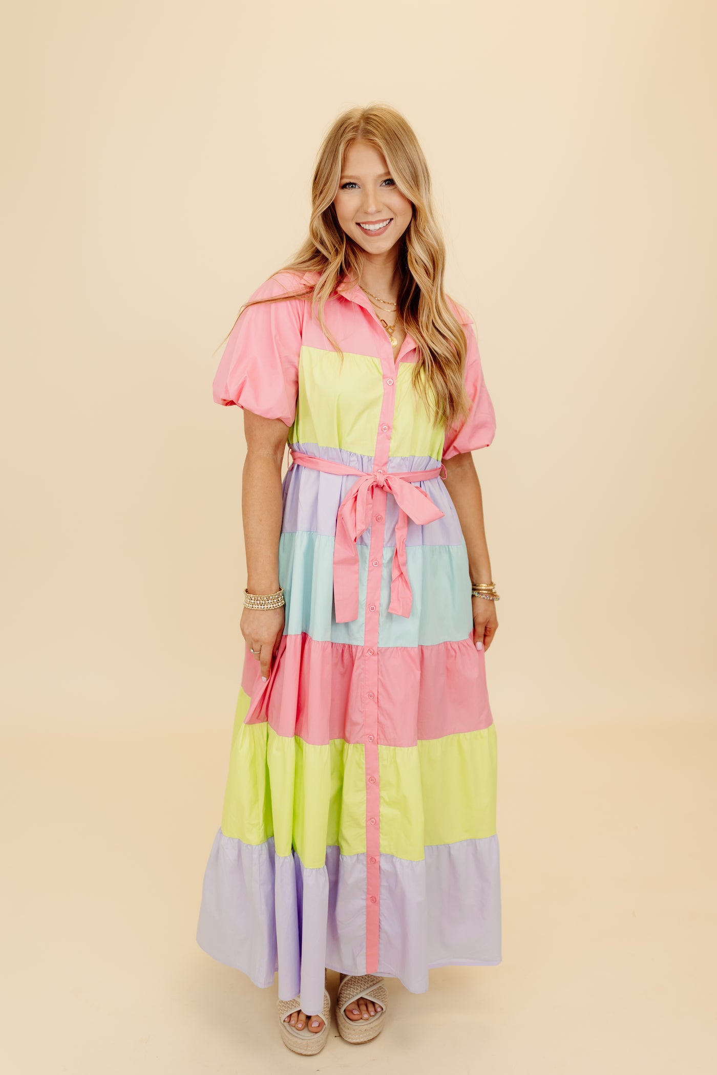 Pink Multi Belted Puff Sleeve Colorblock Maxi Dress